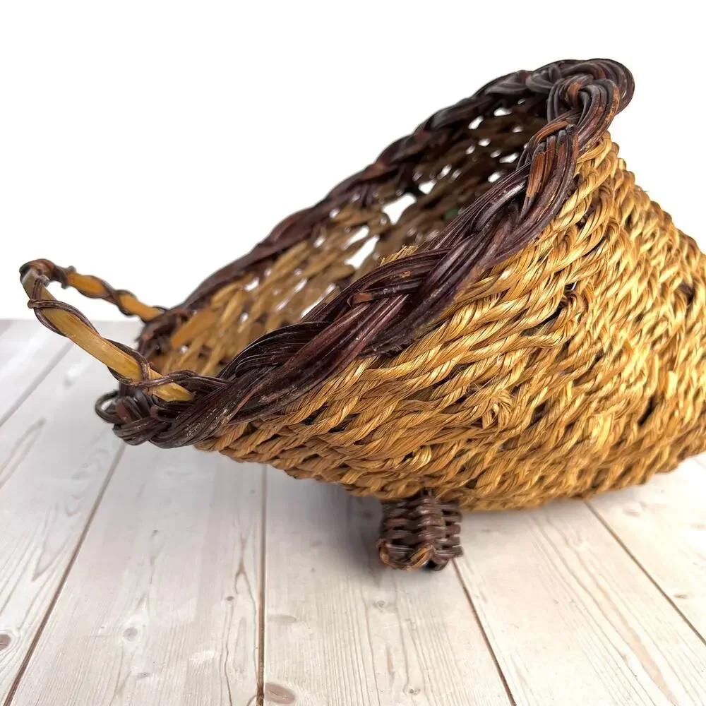 Vintage Woven Wicker Cornucopia Two Tone Footed Horn of Plenty Country Farmhouse